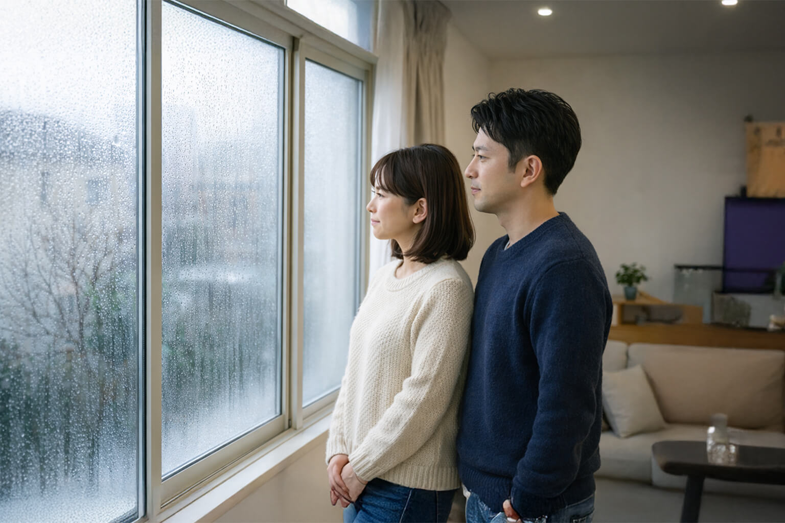 結露した窓を夫婦が見ていえう「窓がすぐ結露して困っている」