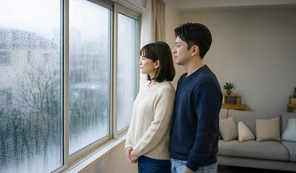 結露した窓を夫婦が見ていえう「窓がすぐ結露して困っている」